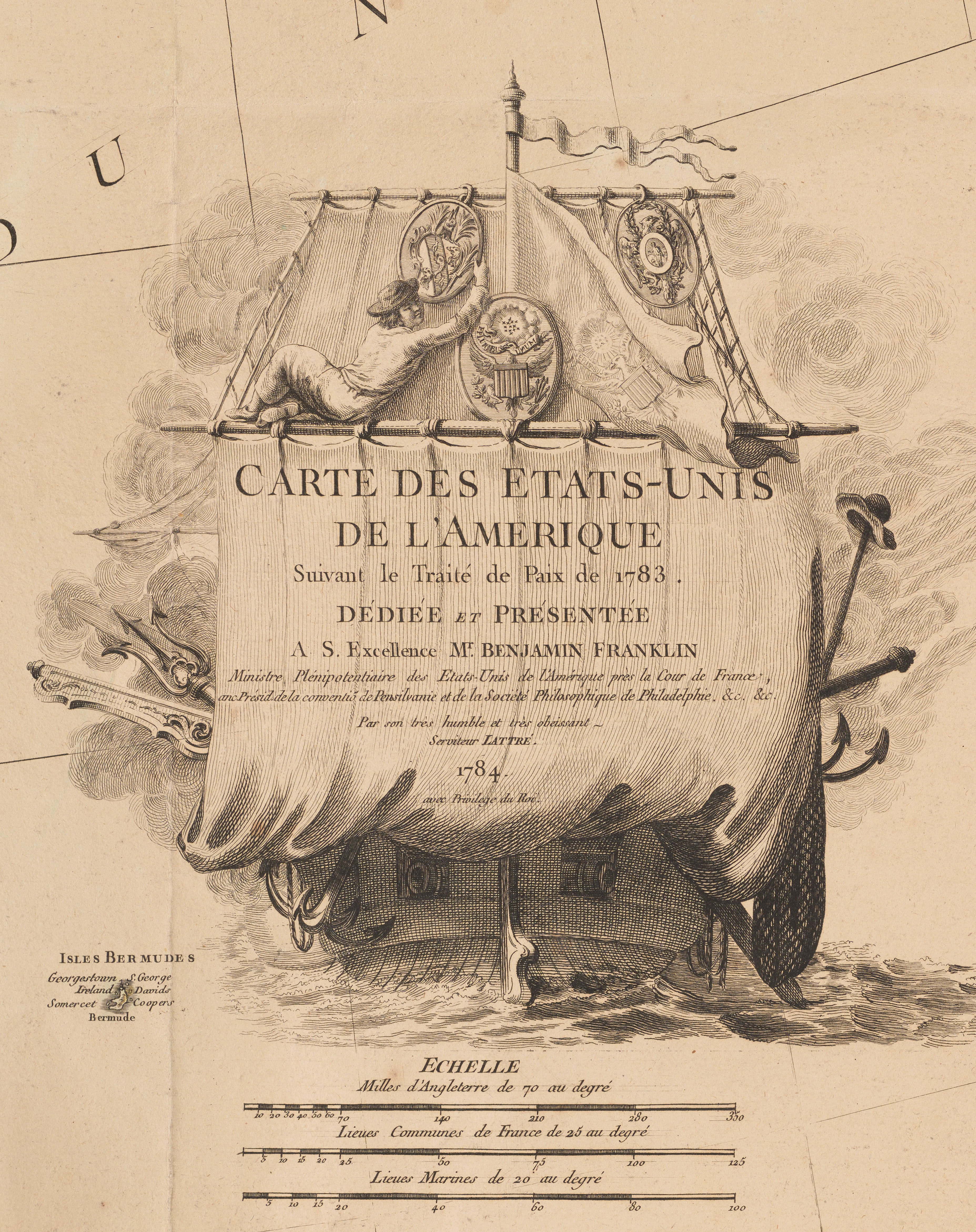 1783 map cartouche Catouche from the map. The title of the map is listed within a drawing of a sail boat