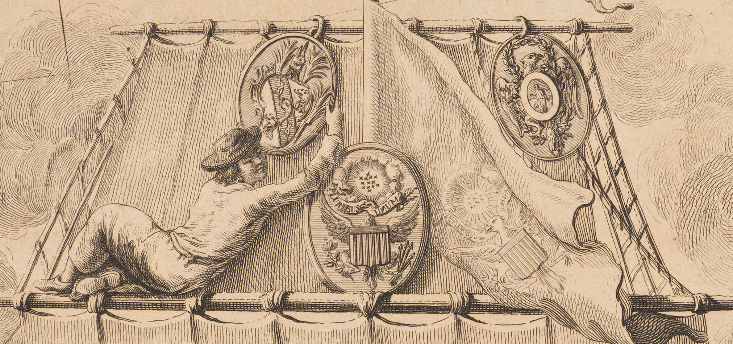 1783 map seals Close-up of three seals: The Society of Cincinnati, the United States, and Benjamin Franklin's seal.