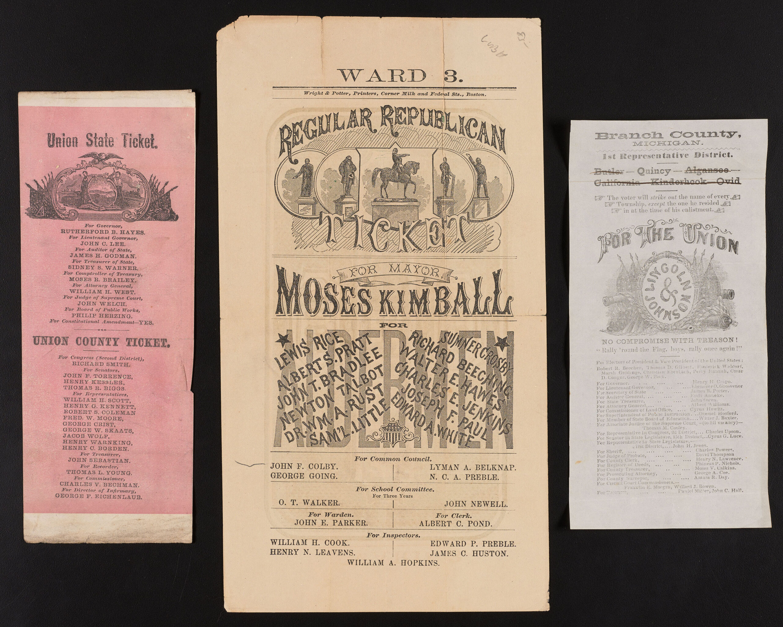 27 landon loan-group Three examples of voting tickets. Far left is pink and titled "Union State Ticket," middle has many names of people running for office including Moses Kimball for Mayor, and the far right is a ticket for Branch County, Michigan, reading "For the Union" which has a list of candidates along the top with all but "Quincy" crossed out.