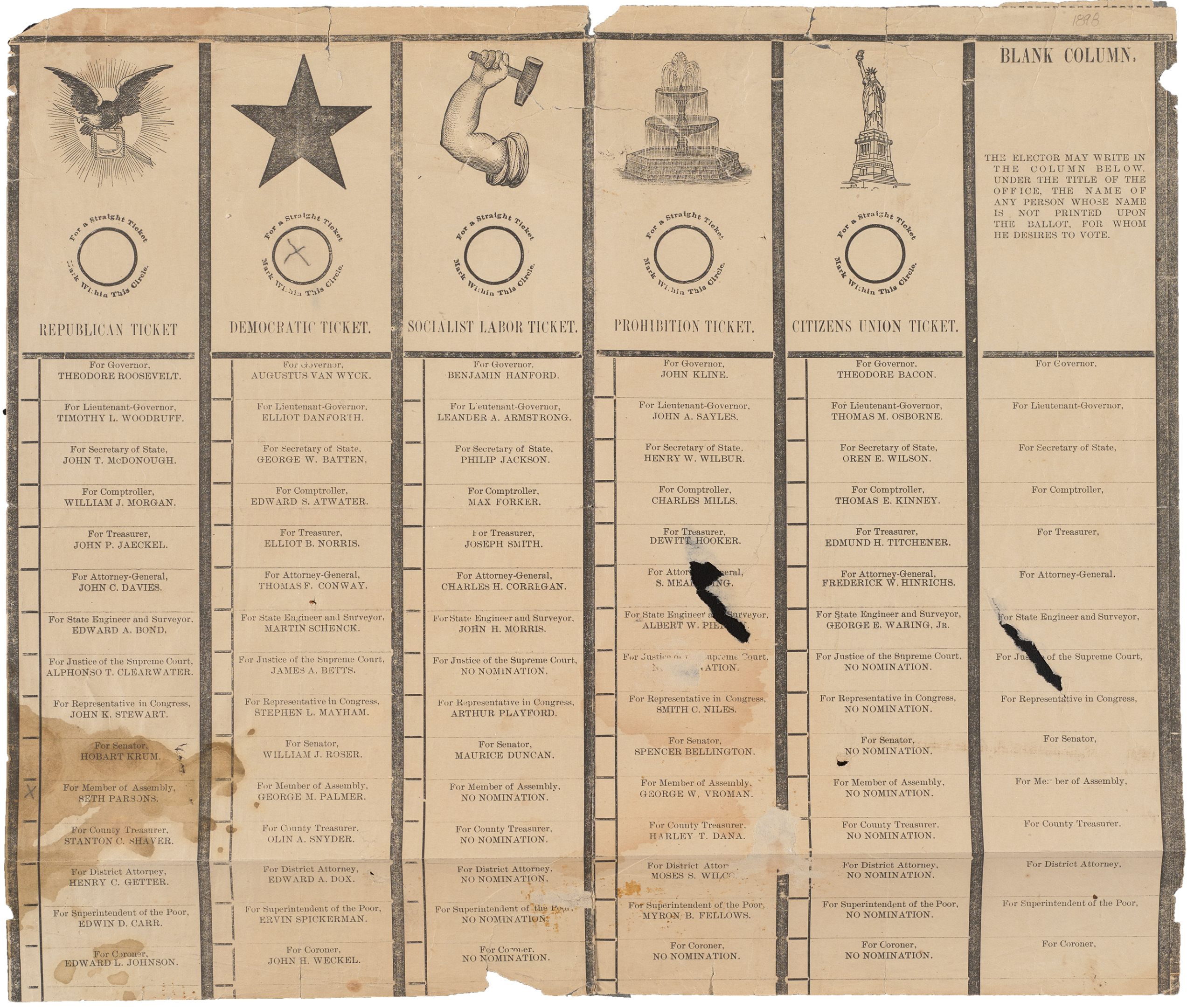 28 gr-uncat-ephemera binder 11-political staff memorabilia Sheet of tickets for various parties with symbols above their names. Republican Ticket column features a bald eagle, Democratic Ticket features a star, Socialist Labor Ticket features an arm holding a hammer, Prohibition Ticket Features a fountain, and Citizens Union Ticket features the Statue of Liberty. There is also a "Blank Column" with no symbol and spaces to write in specific candidates as opposed to selecting a pre-printed list of candidates from the other columns.