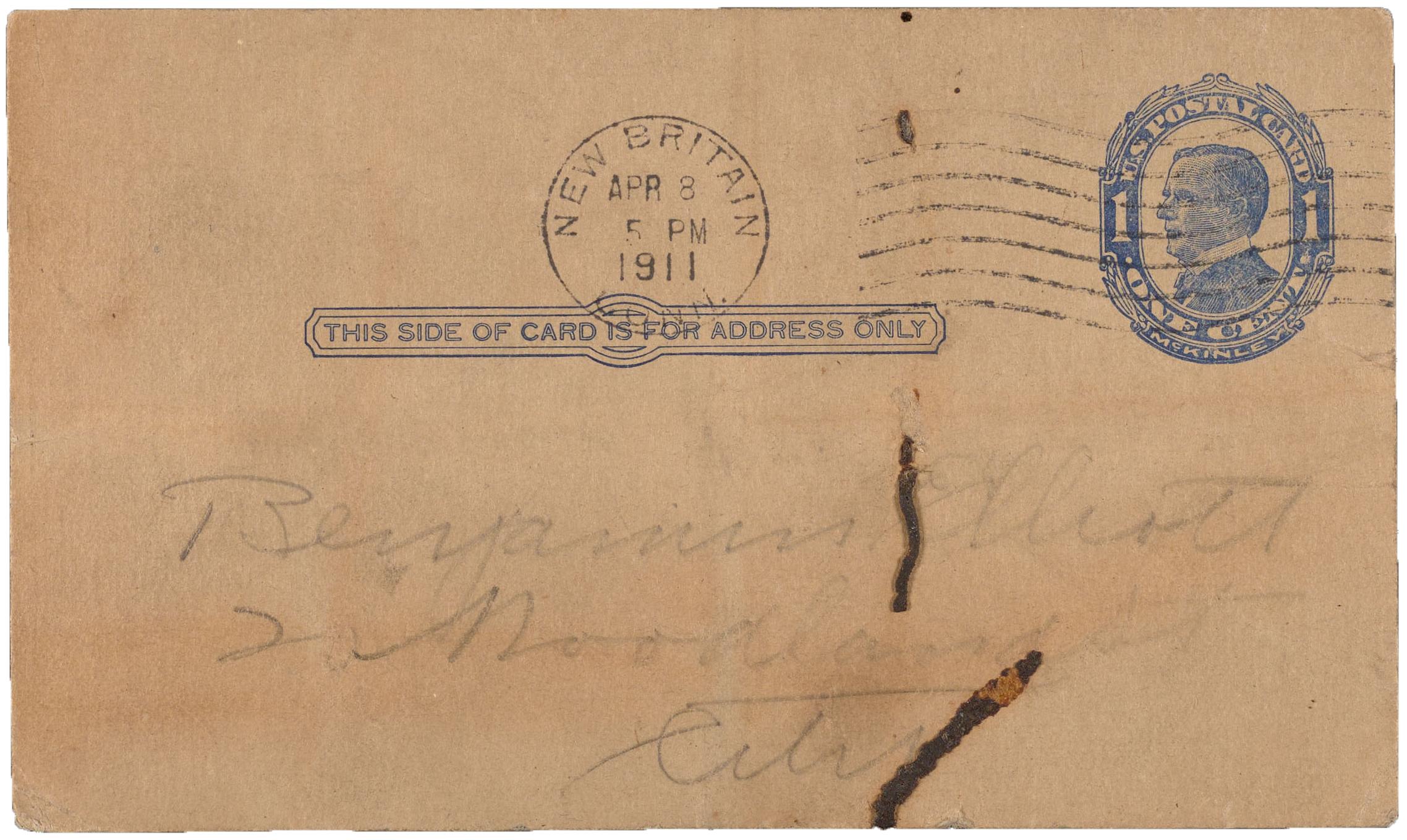 29 landon loan-lever illustration postcard-verso Backside of a postcard dated April 8 1911.