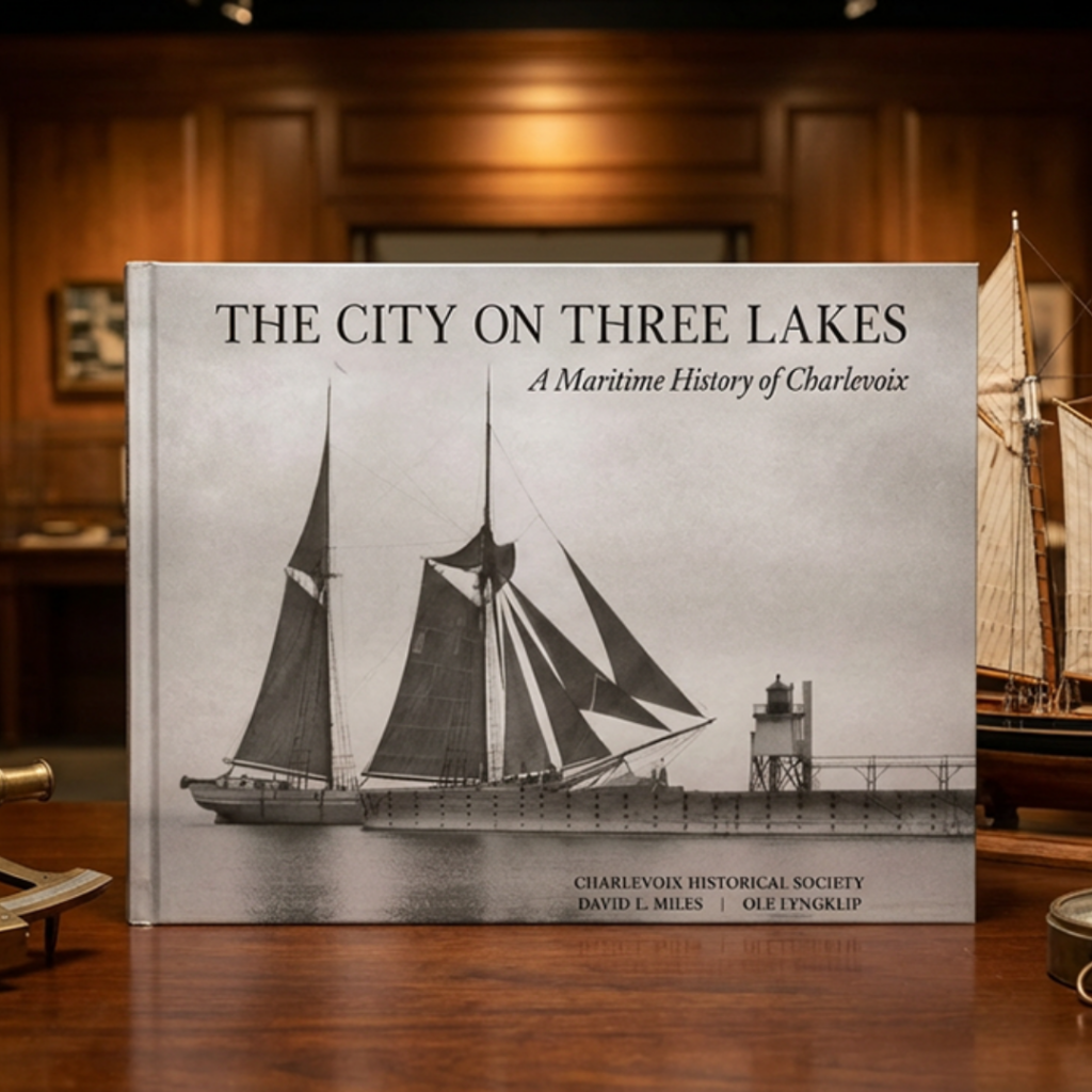 The book "The City on Three Lakes: A Maritime History of Charlevoix" staged in between nautical items.
