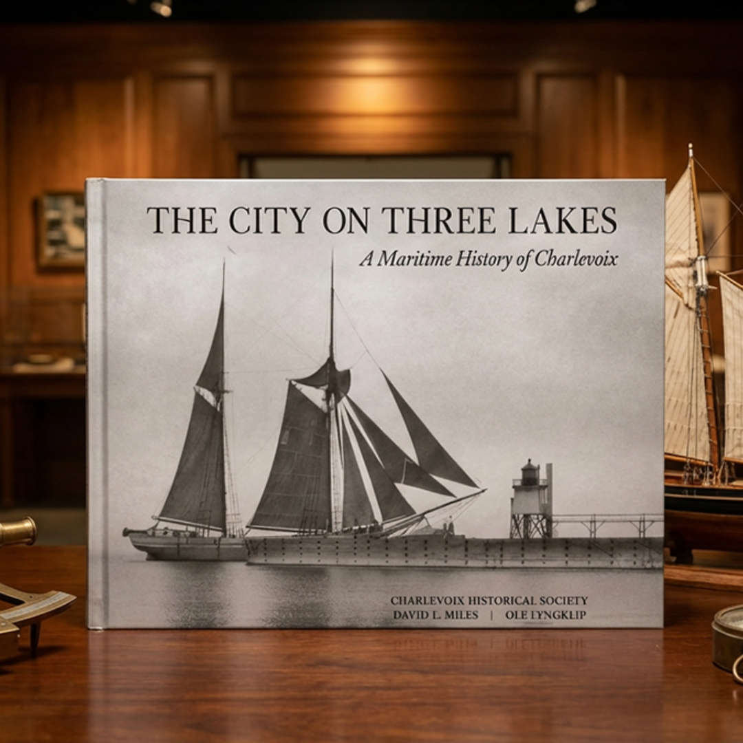 The book "The City on Three Lakes: A Maritime History of Charlevoix" staged in between nautical items.