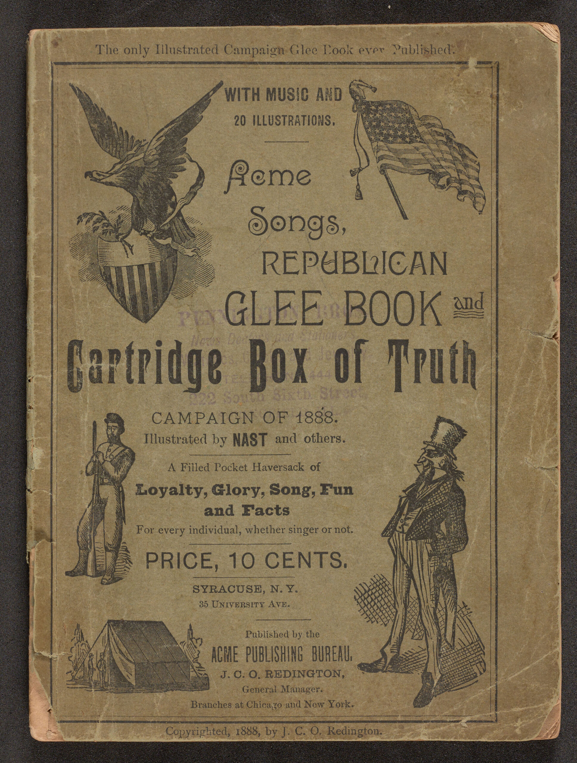 Extra 2 bk-pam 1888 ac-acme songs republican glee book-cover Cover of "Acme Songs, Republican Glee Book and Cartridge Box of Truth." Includes multiple illustrations, including depictions of a bald eagle, and American flag, a soldier and tent, and Uncle Sam.