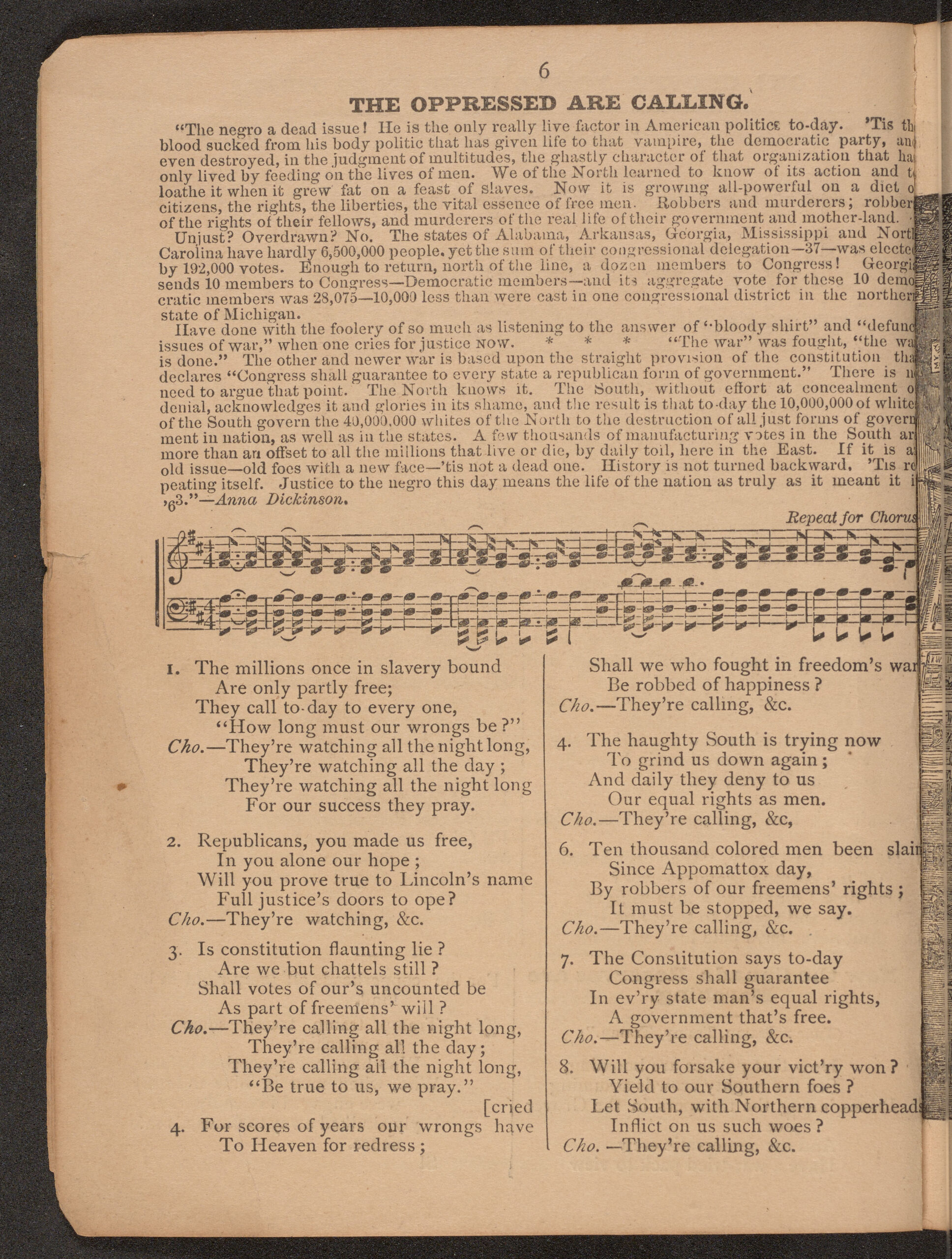 Extra 2 bk-pam 1888 ac-acme songs republican glee book-pp.6 Page from "Acme Songs, Republican Glee Book and Cartridge Box of Truth" with the song "The Oppressed Are Calling."