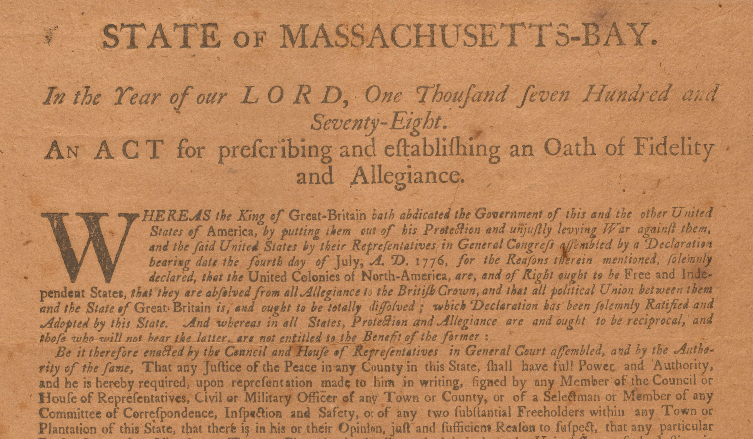 bk-broadsides ma-state of massachusetts bay- in the year of our lord 1778 Broadside of An Act for prescribing and establishing an Oath of Fidelity and Allegiance