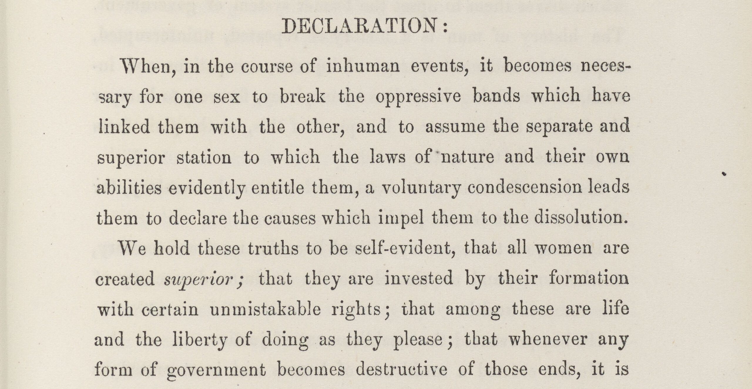 bk-cd 1855 fo-a book for the times,lucy boston-pp.233 Satirization of The Declaration of Sentiments in which women proclaim themselves to be created superior and have the liberty of doing as they please