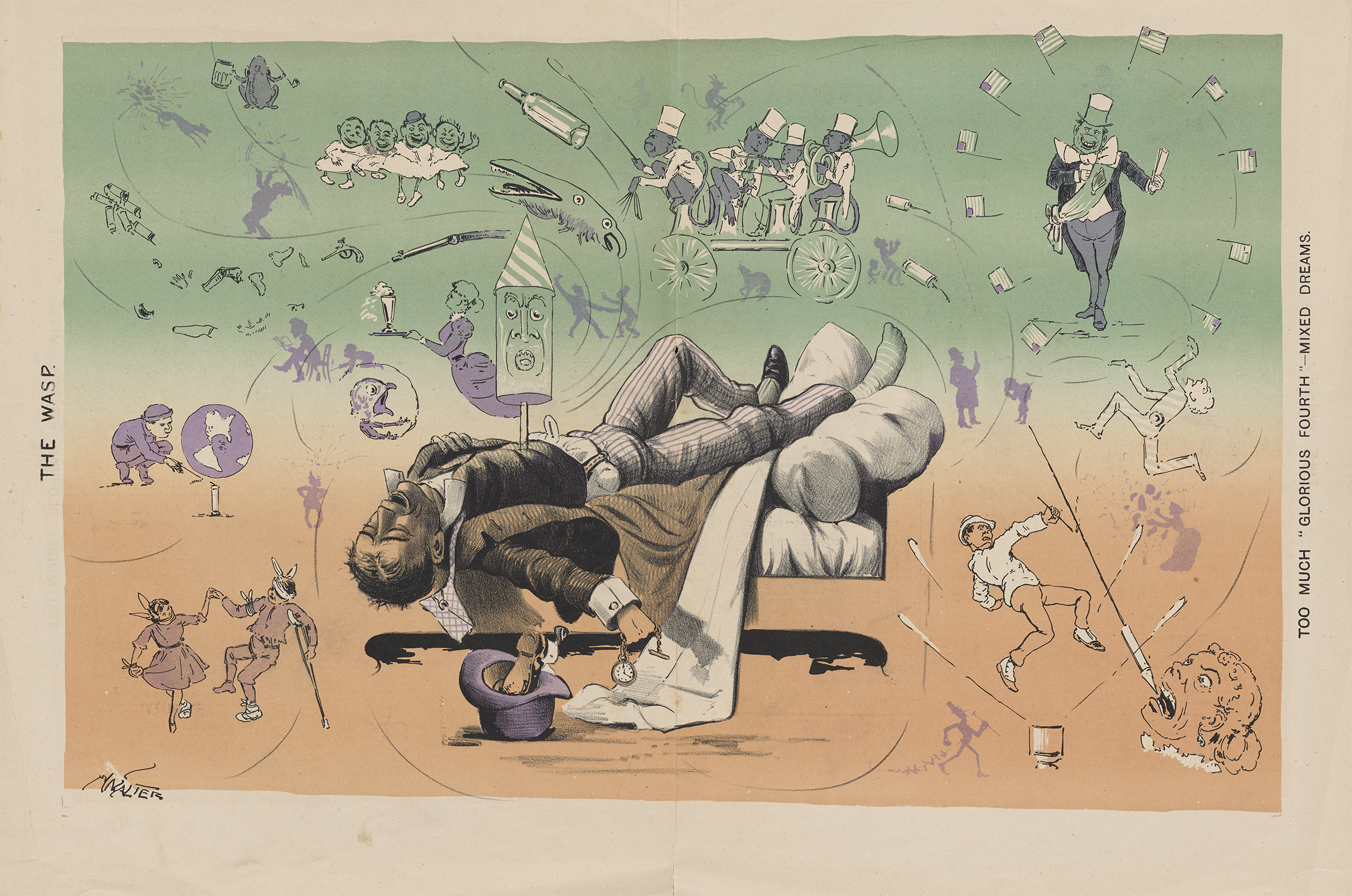 gr-prints sat.a.c.1886-too much glorious fourth-mixed dreams A man lays down to sleep off the 4th of July festivities- explosives, liquor, and bands are in the background.