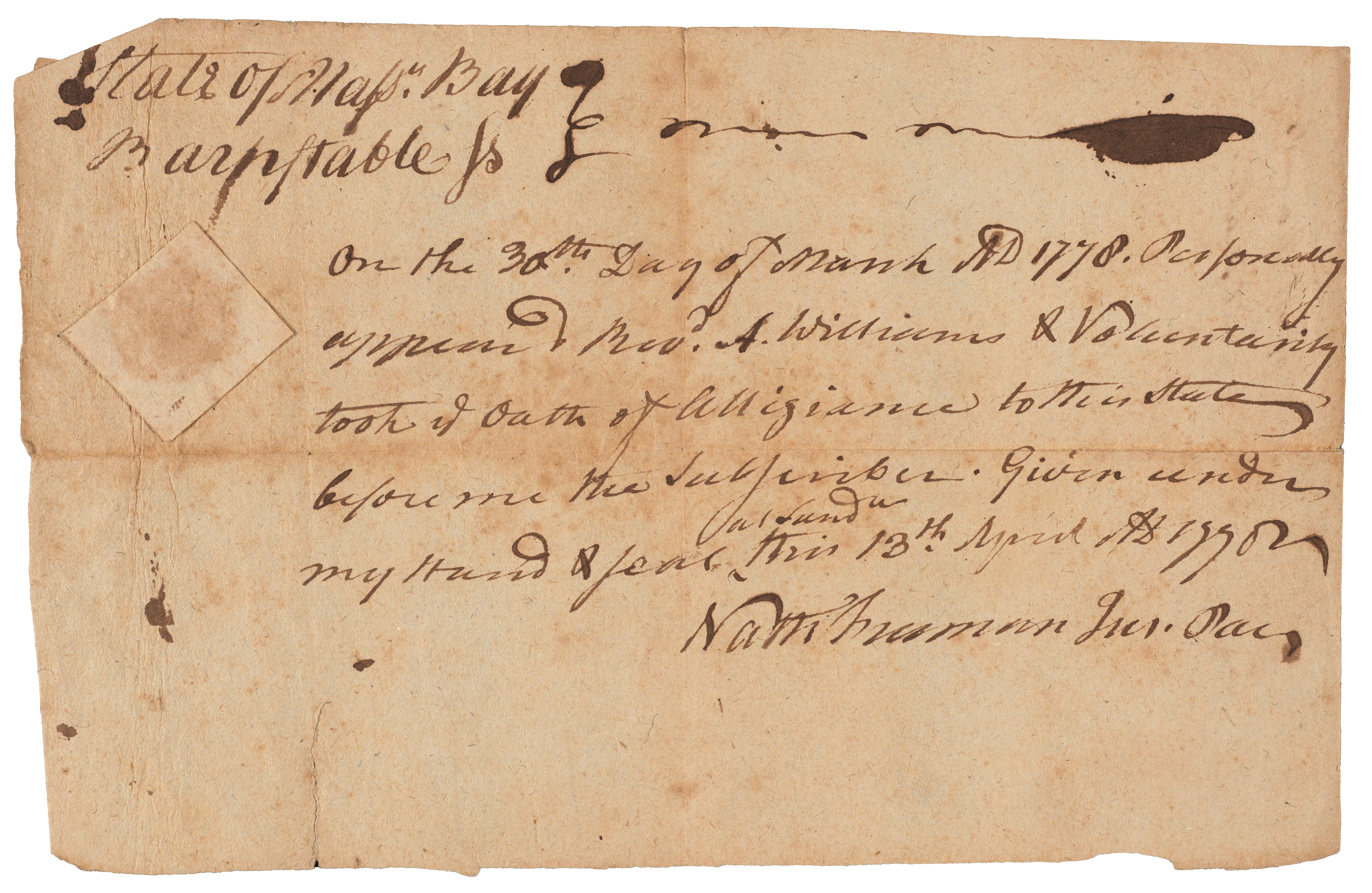 mss-nathaniel freeman papers-april 13, 1778 Record of Rev. A. Williams taking an oath of allegiance.