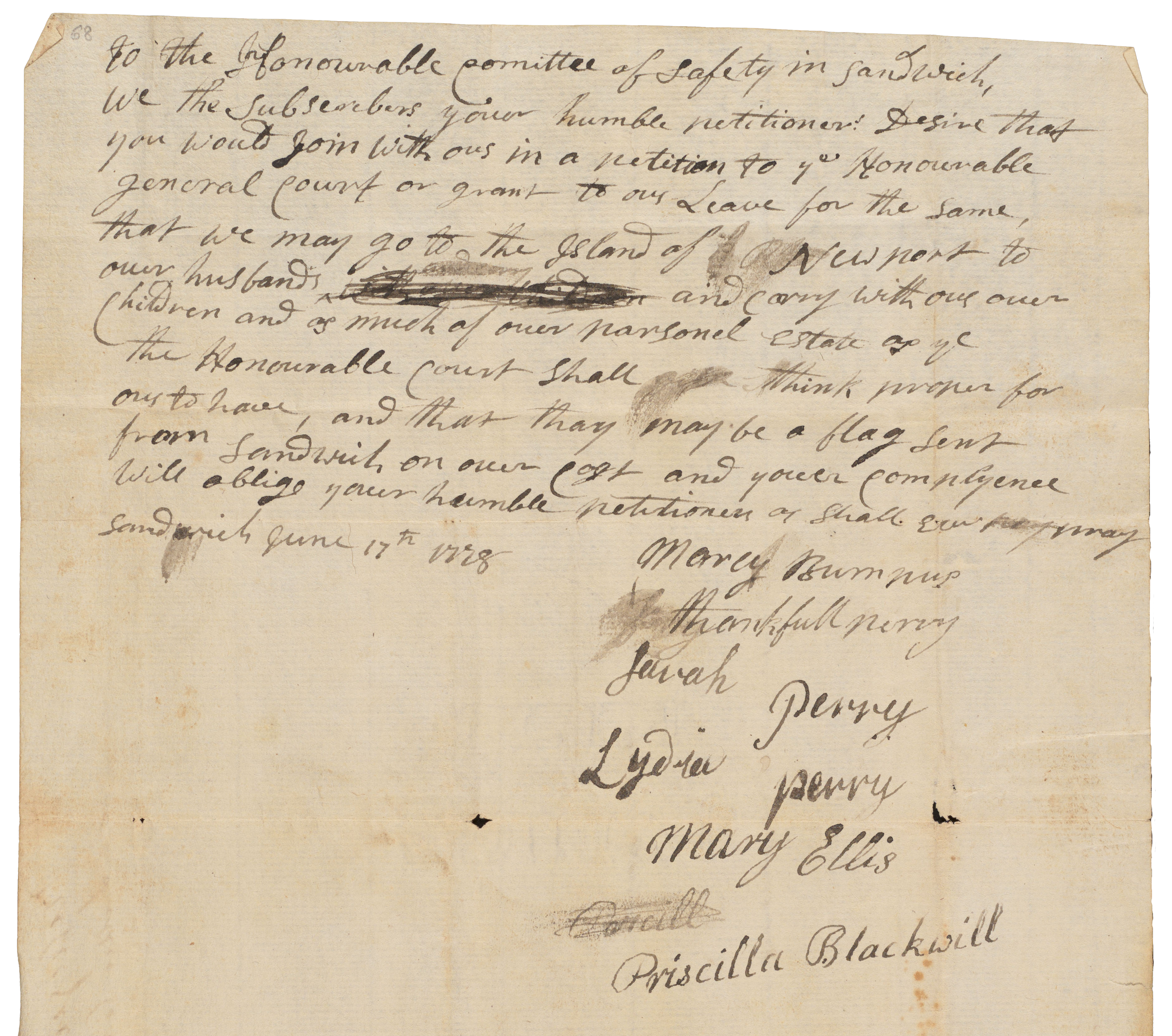 mss-nathaniel freeman papers-marcy bumpus, thankfull perry, sarah perry...-june 17, 1778 Petition signed by "Tory Wives" including Lydia and Sarah Perry.