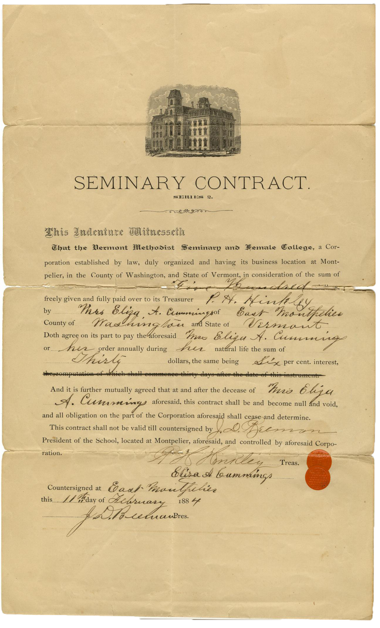 wcl1ic_54_WCL000094_wcl000094_1385x2440 Seminary Contract between Eliza E. cummings and Vermont Methodist Seminary