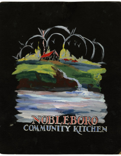 Hand-painted and hand-lettered menu for the Nobleboro Community Kitchen run by the Puffer sisters along Route 1 in Maine. The cover depicts a building on a shore-side landscape with smoke billowing from its chimney.