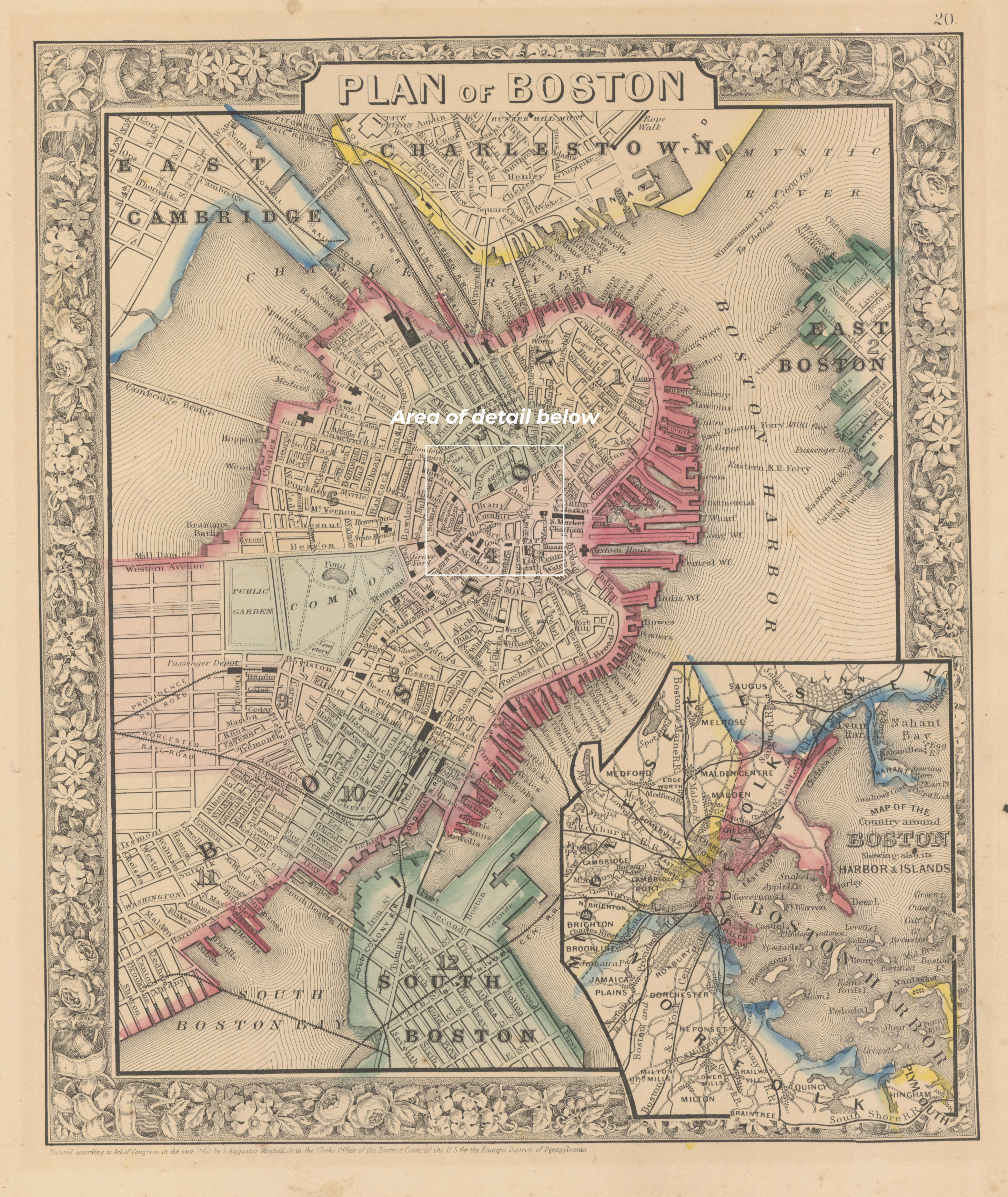 Plan of Boston Labeled Map of Boston streets, bridges and buildings. Area in the middle is enclosed in a white square labeled "Area of detail below."