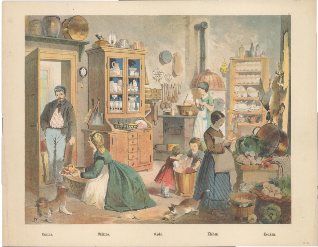 wcl1ic_2201_WCL002292_wcl002292_1374x1007 Image shows three women and two young girls working in a kitchen. At left a man stands in the doorway, leaning on the door frame and speaking with a woman kneeling with a plate of food next to a dog. The other women are cutting vegetables and stirring a pot while the two girls lean over a wooden bucket. A cat plays in the foreground.